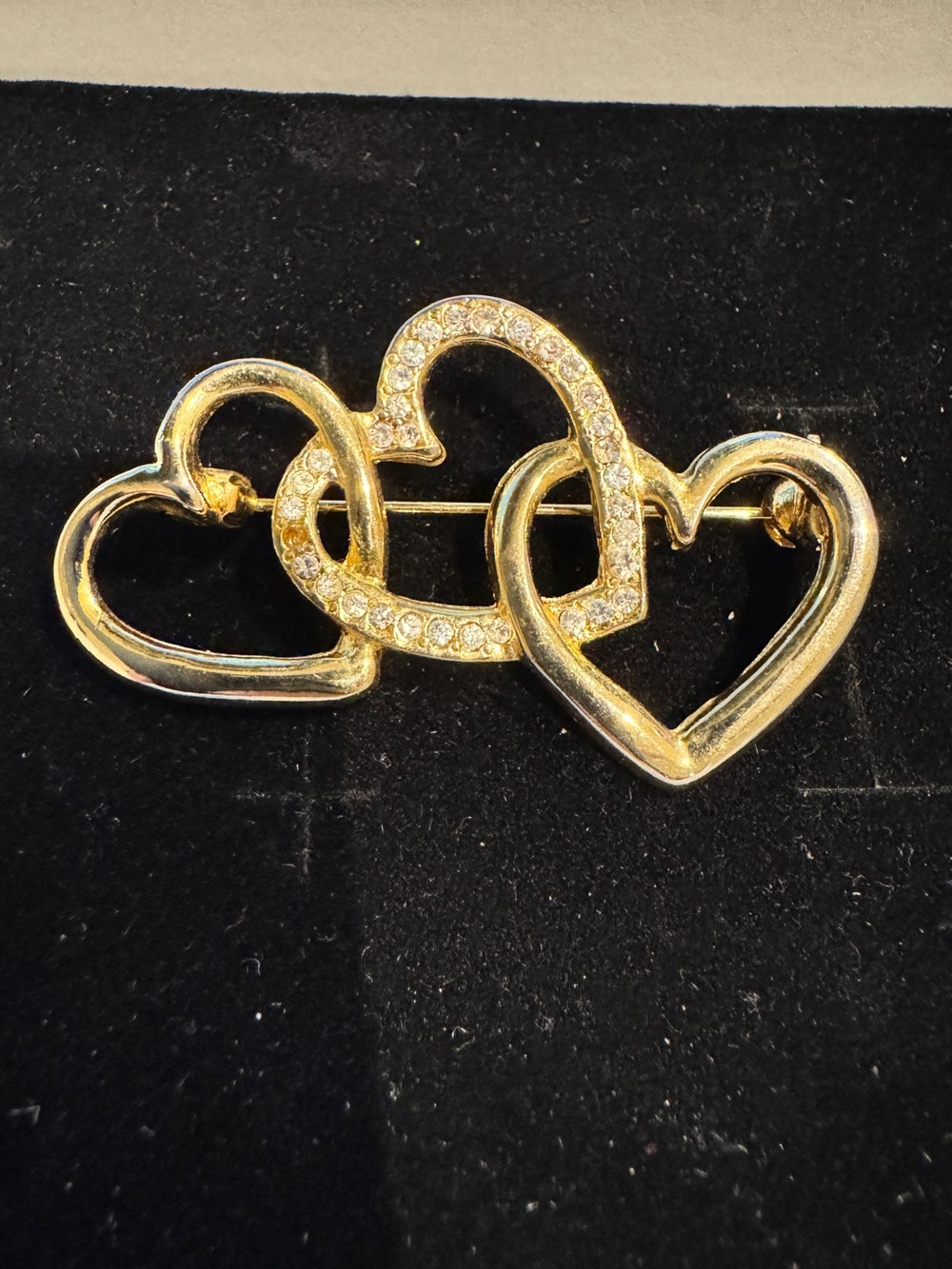 Vintage Gold-Tone Triple Heart Brooch with Crystal Accents